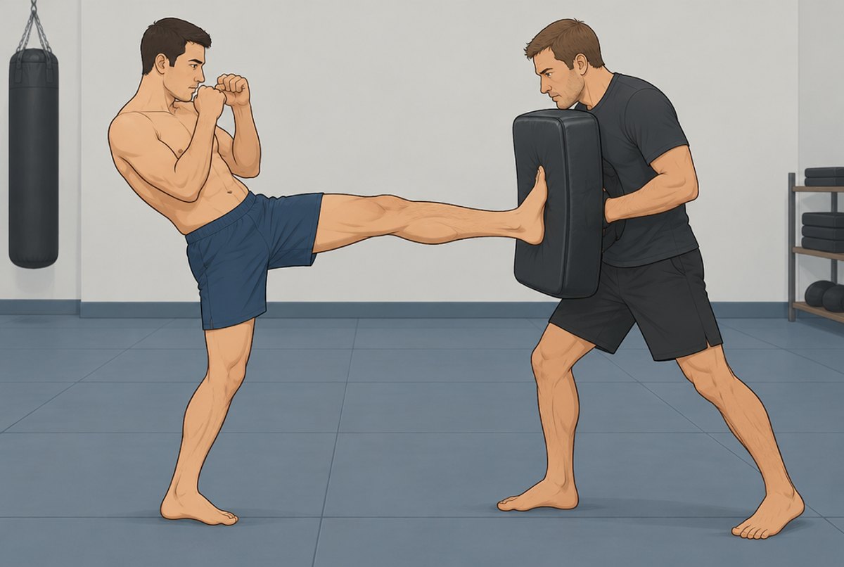 A fighter pressing the sole of his foot into a belly pad in a straight push kick.