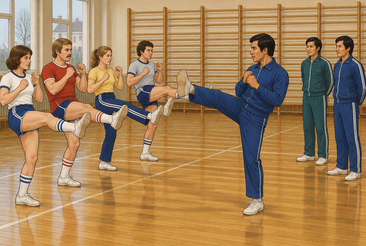 A Thai teacher demonstrating a push kick to a row of European students in a 1970s sports hall.