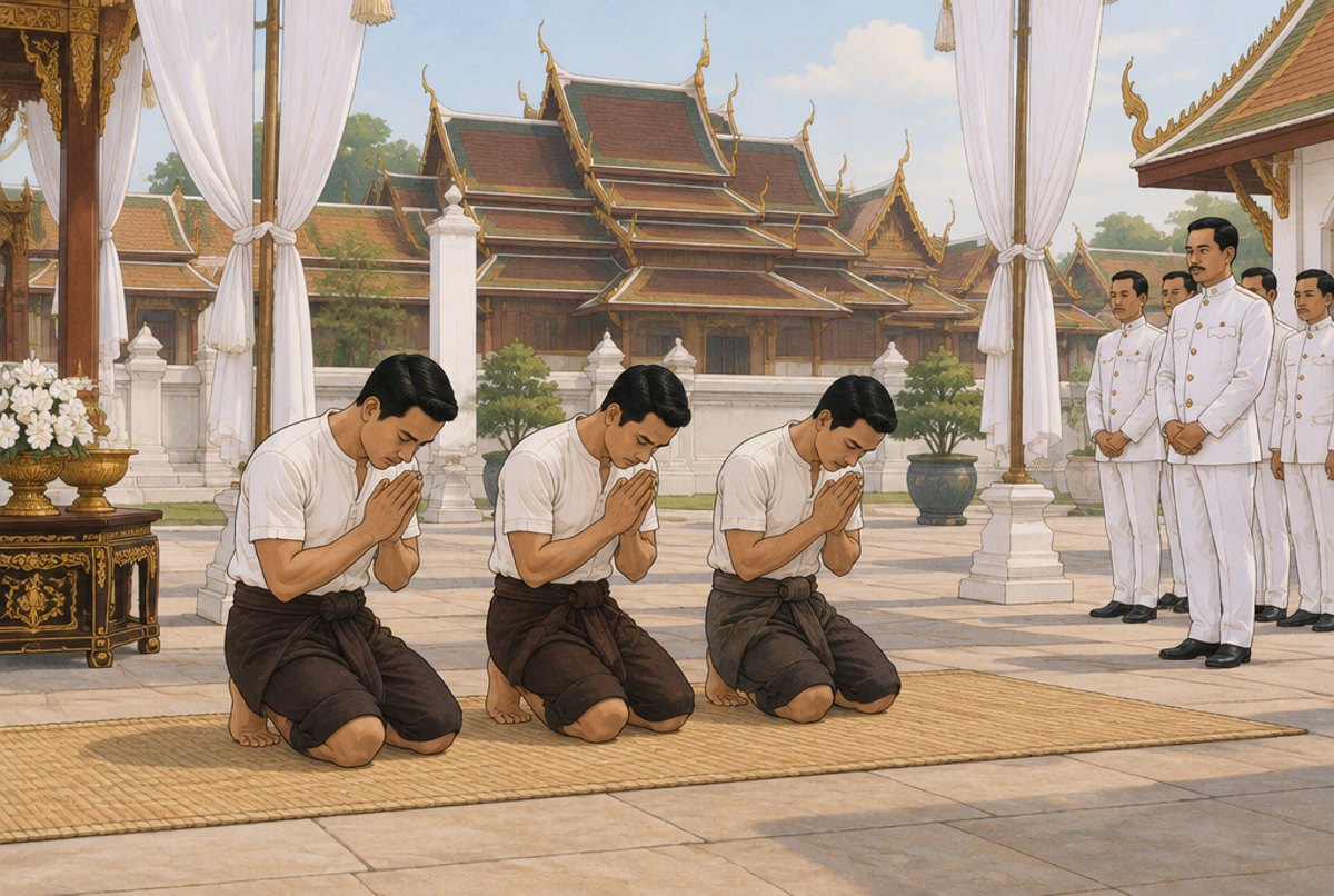 Three boxers kneeling side by side with palms together at a solemn ceremony.