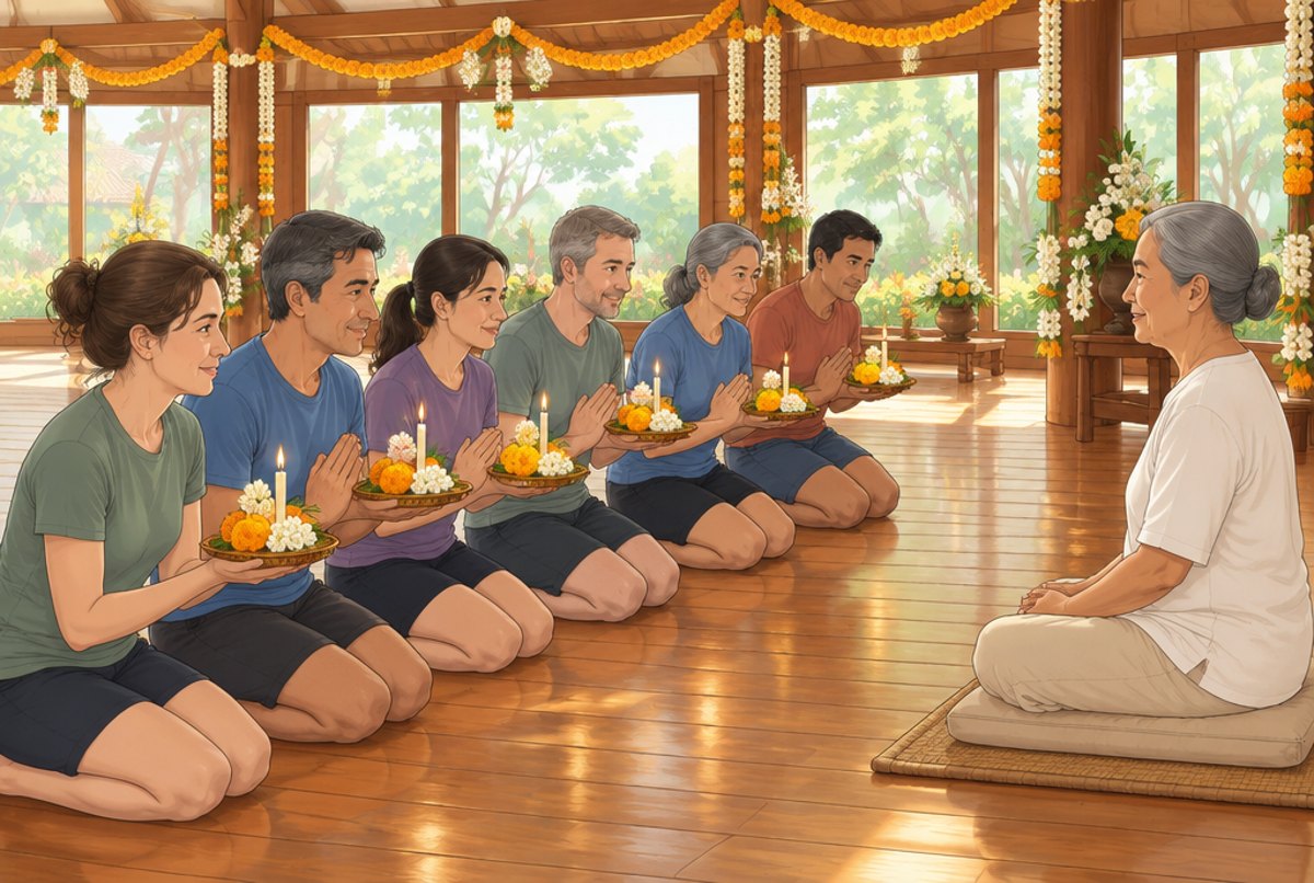 Adult students kneeling with trays of flowers before their seated teacher in a decorated hall.
