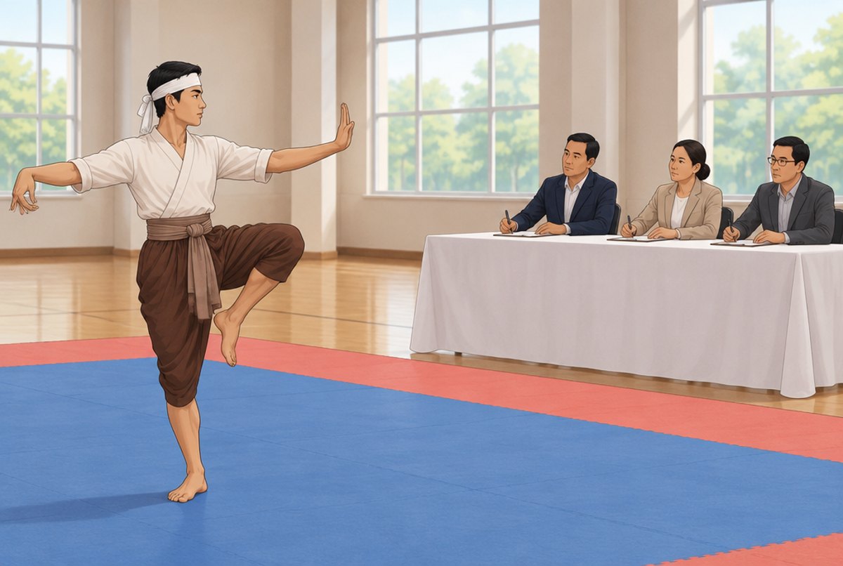 An athlete performing a wai kru posture on a mat while three judges watch from a table.