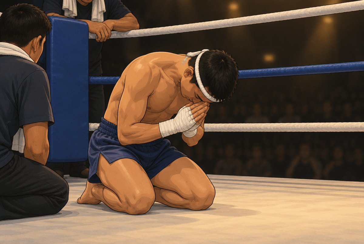 A fighter wearing a white headband kneeling and bowing with palms together in the ring.