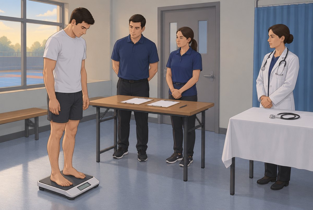 A fighter stepping onto a scale while officials and a doctor wait in a quiet morning room.