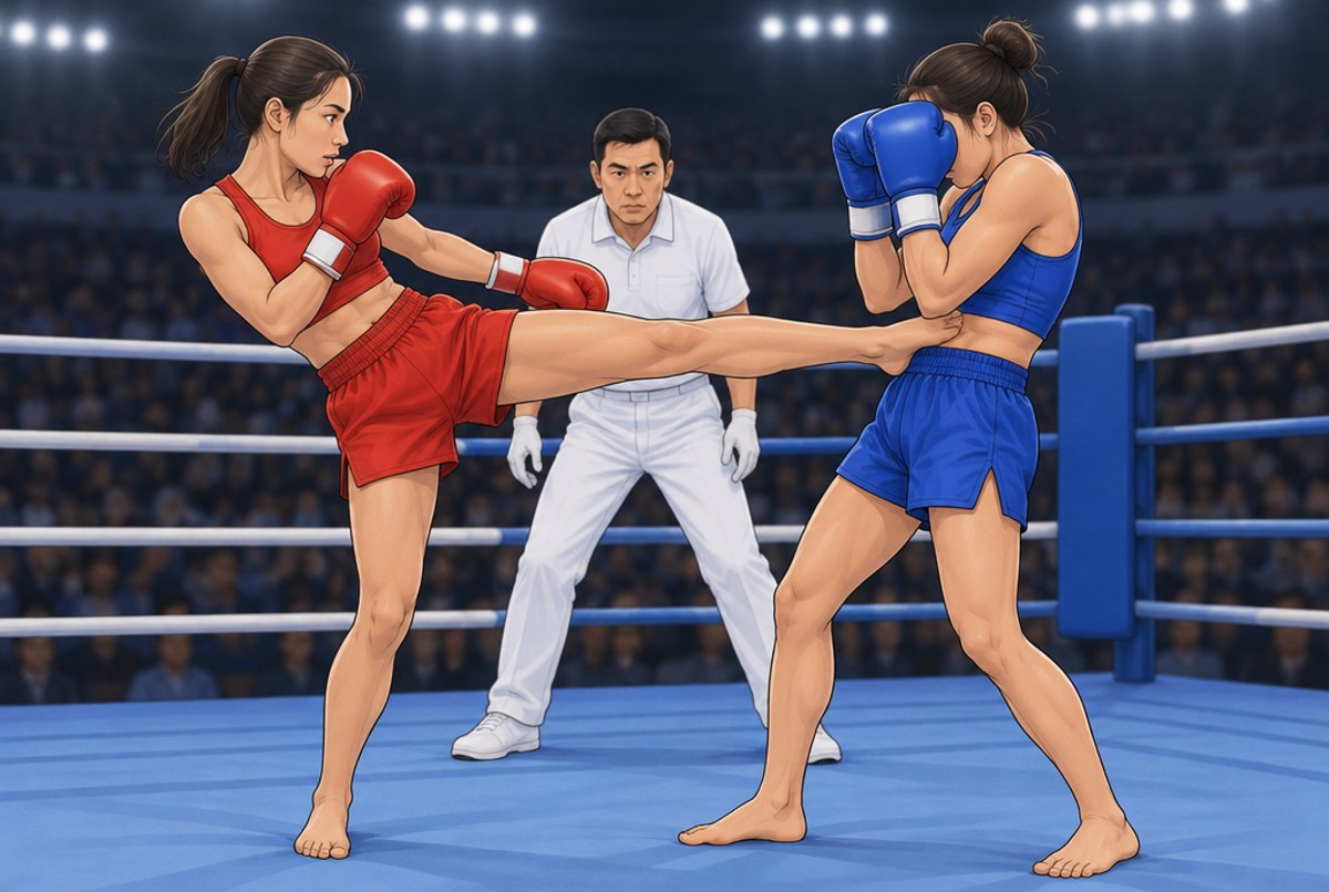 Two women fighters in a stadium ring, one landing a push kick to the body while the other guards.