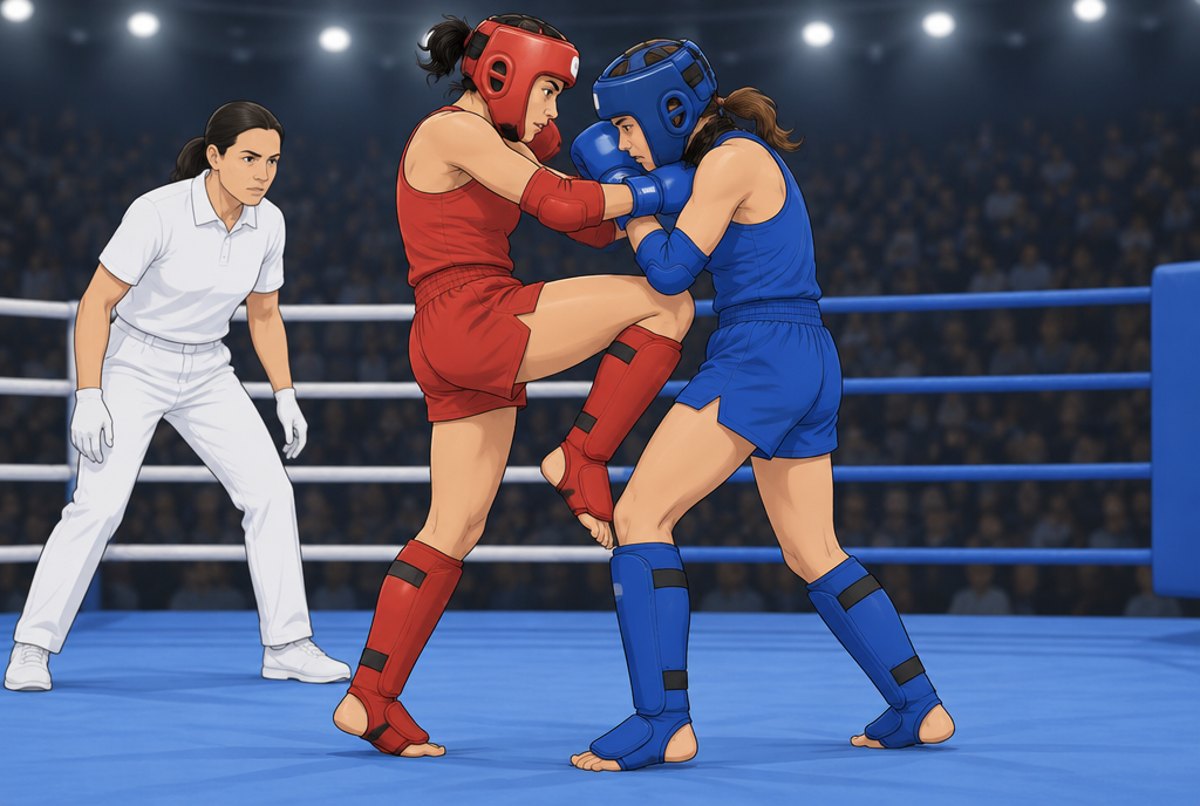 Two women amateur fighters in full protective kit in a modern arena ring, one throwing a knee to the body.