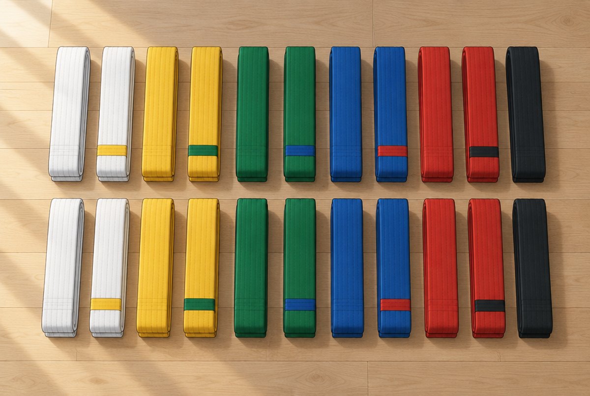 Two rows of taekwondo belts laid out in the same order from white to black, with stripes between colours.