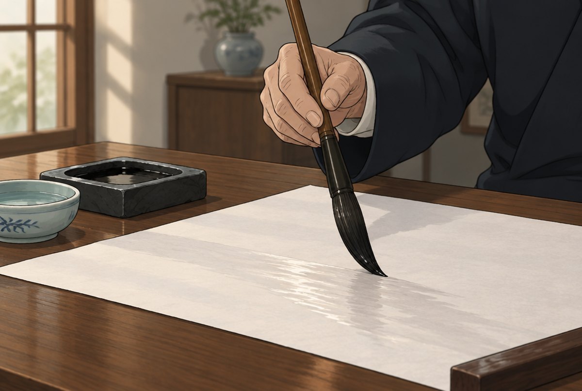 A hand holding a calligraphy brush above a blank sheet of paper, with an ink stone beside it.