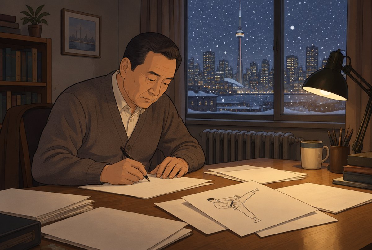 An older man writing at a desk by a window full of falling snow and city lights.