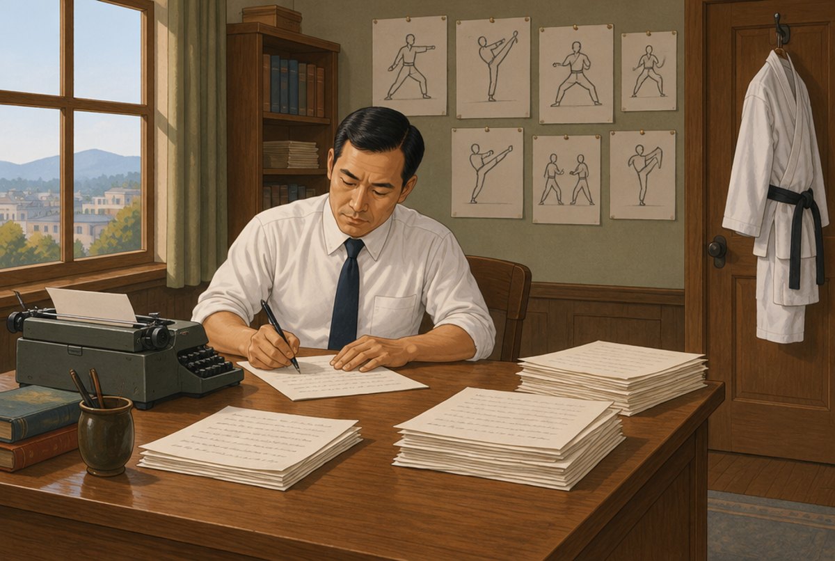 A man at a desk writing beside a typewriter, with sketches of stances pinned to the wall.