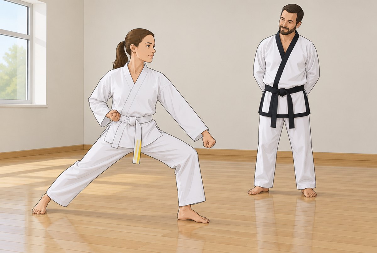 A beginner in a white uniform performing a low block while an instructor watches.