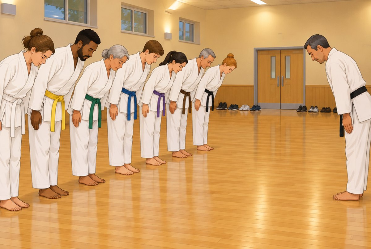 A line of adult students in white uniforms bowing to their instructor at the start of class.