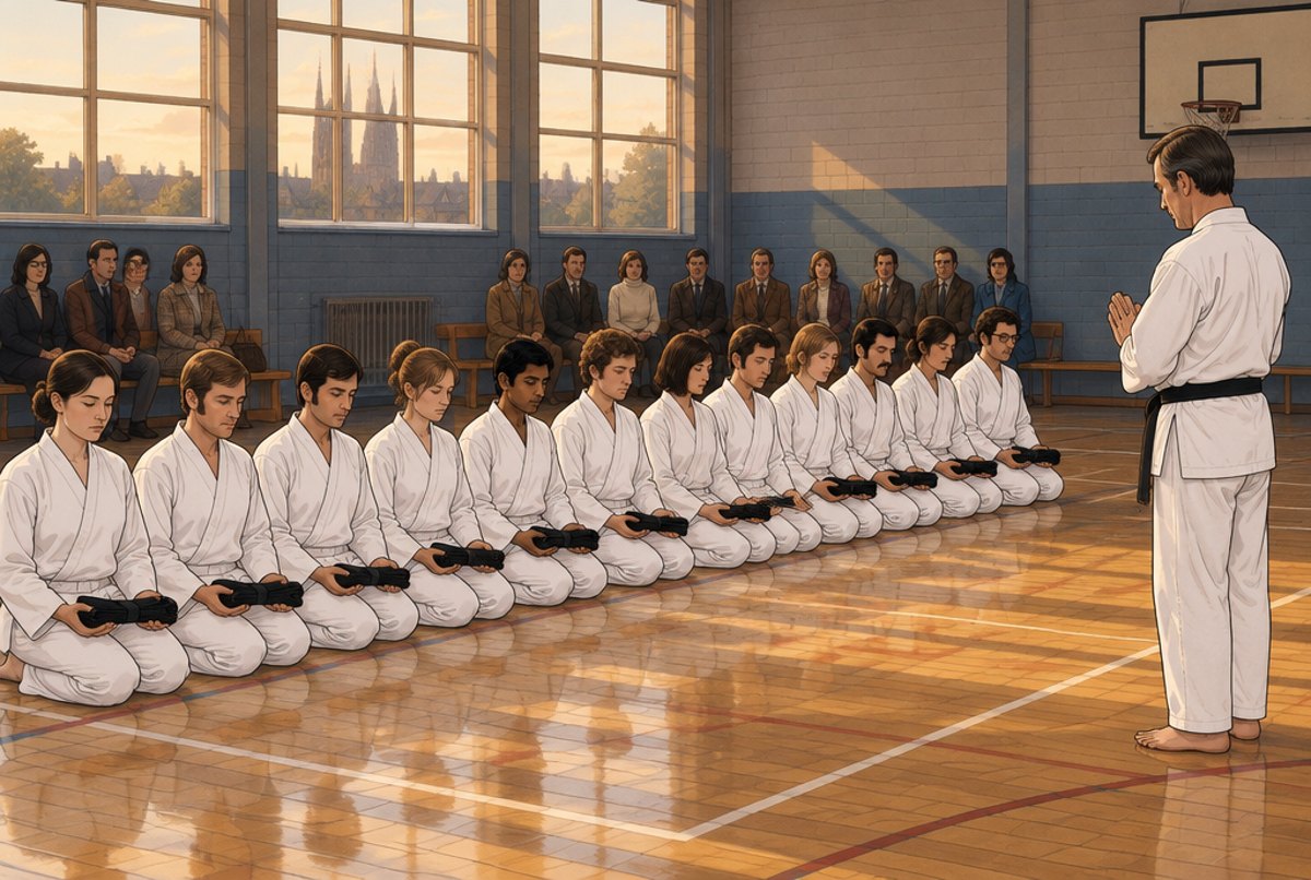 Twelve students kneeling in a line holding new black belts while an instructor stands before them.