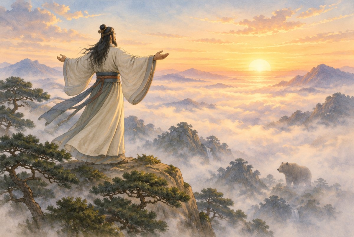 A robed figure on a misty mountain top at dawn, painted in a soft legend style.