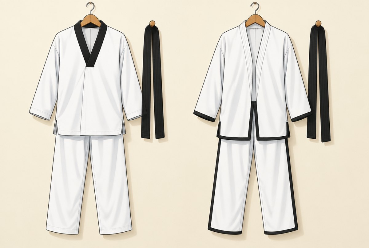Two white taekwondo uniforms on hangers: one with a black V collar, one with a front opening jacket and black trim.