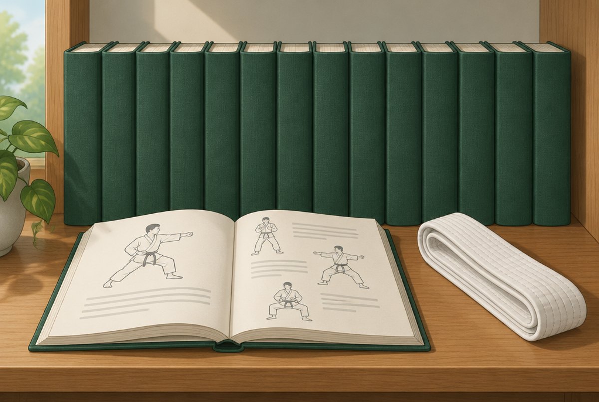 Fifteen plain hardback volumes on a shelf, one open at a page of stance drawings.