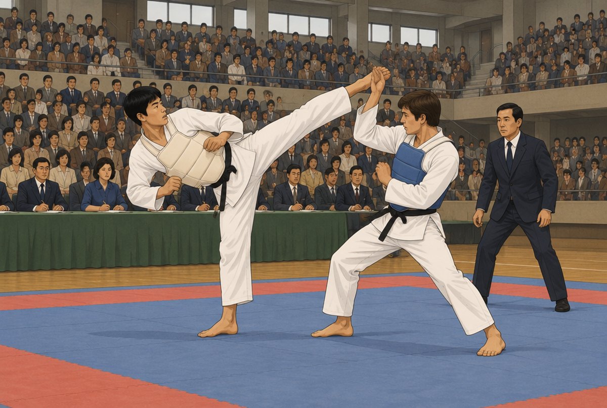Two men sparring on a mat in a crowded 1970s arena while a referee watches.
