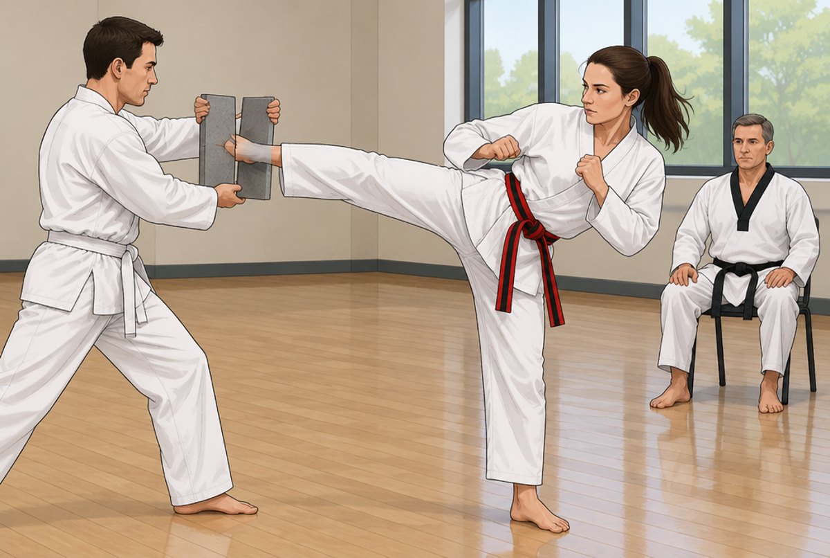 A candidate breaking a grey foam board with a side kick while an assistant holds it.