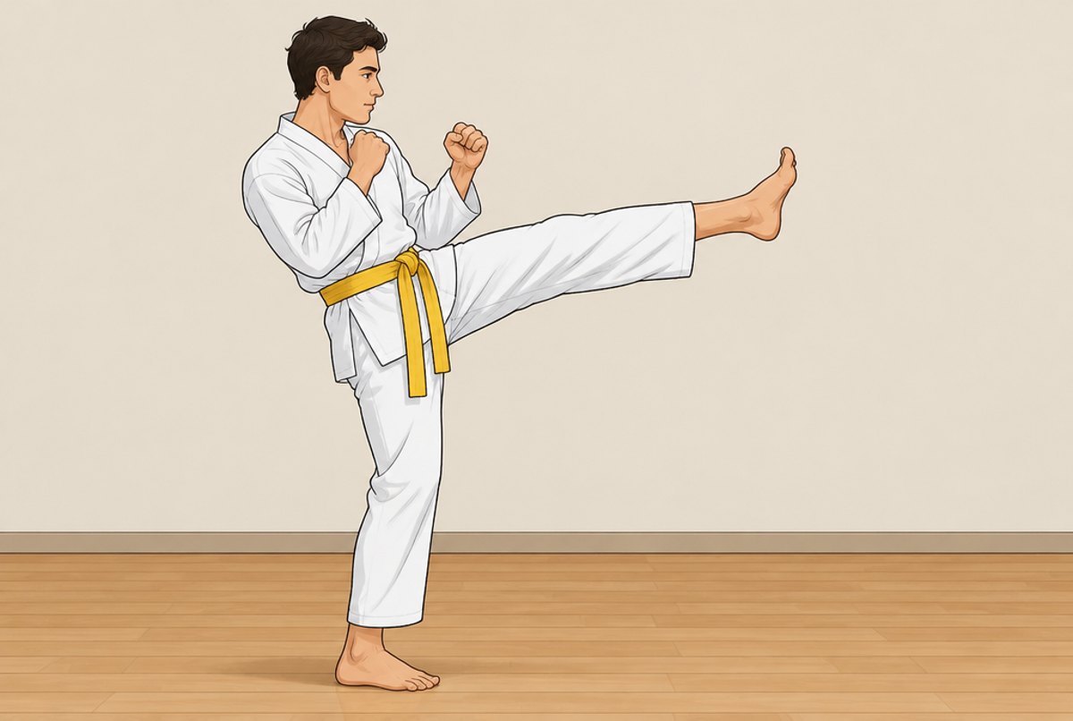 A student in a white uniform snapping out a front kick with the ball of the foot.