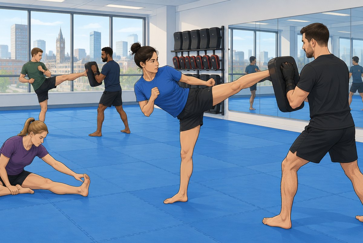 Athletes practising kicks on pads with coaches in a bright, mirrored training hall.