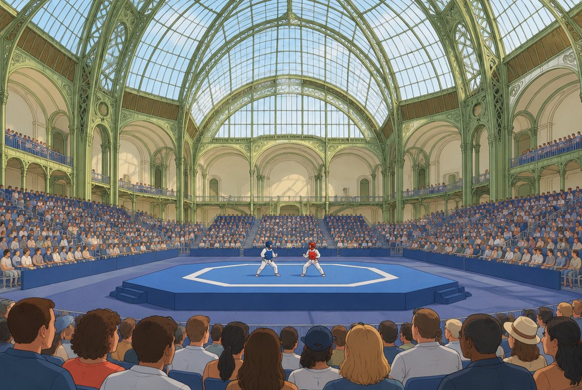 A blue octagonal mat under the huge glass roof of the Grand Palais, with crowds on all sides.