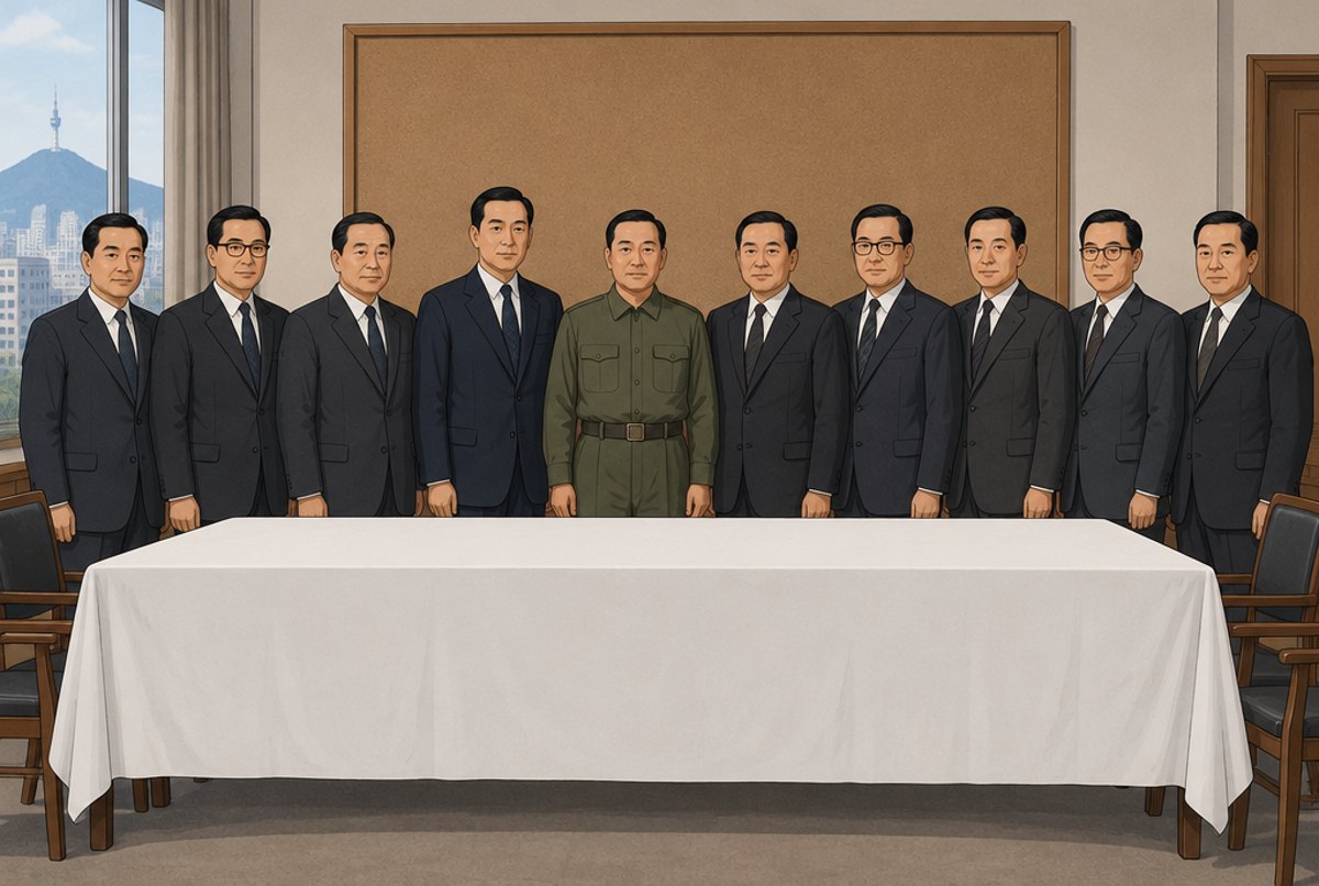 Ten men in suits standing behind a long table in a 1960s meeting room.
