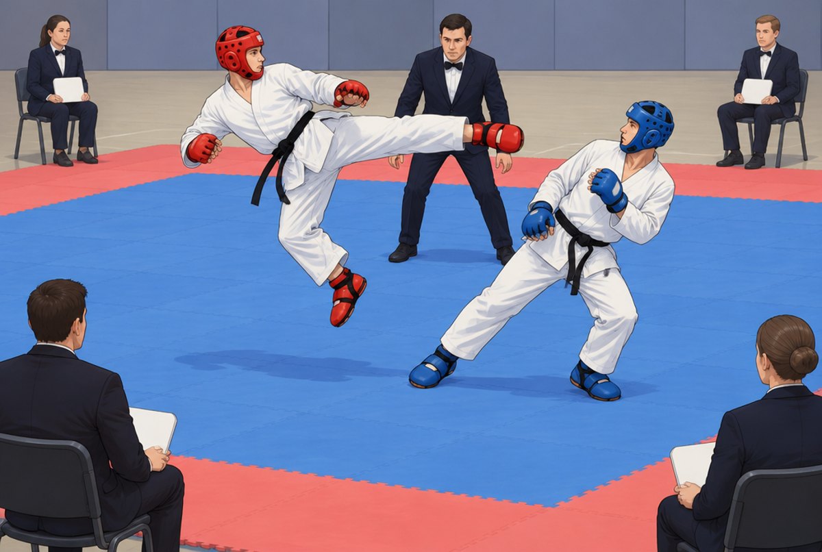 Two fighters in gloves and foot protectors sparring in a square ring while a referee watches.