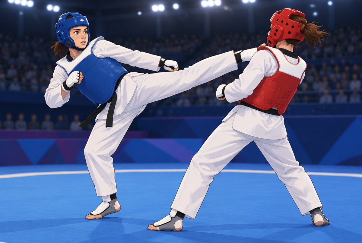 A young woman in blue protectors driving a kick at an opponent in red on an Olympic mat.