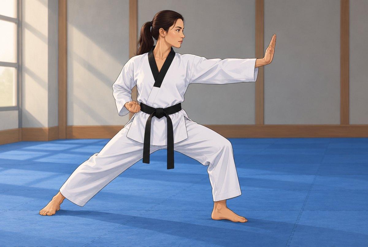 A black belt performing a knife hand block in a back stance on a blue mat.