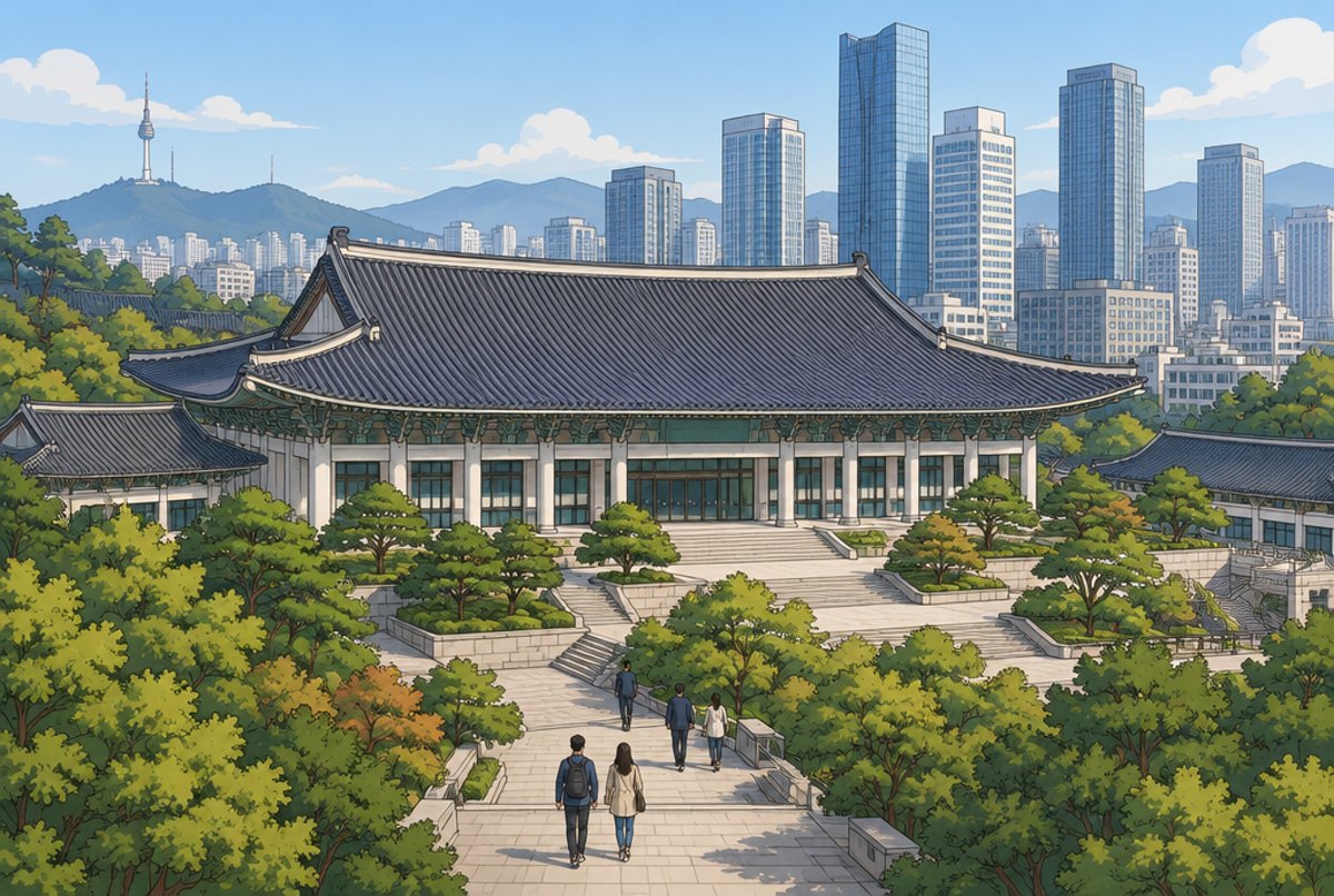 A large traditional roofed building on a wooded hillside with modern tower blocks behind.