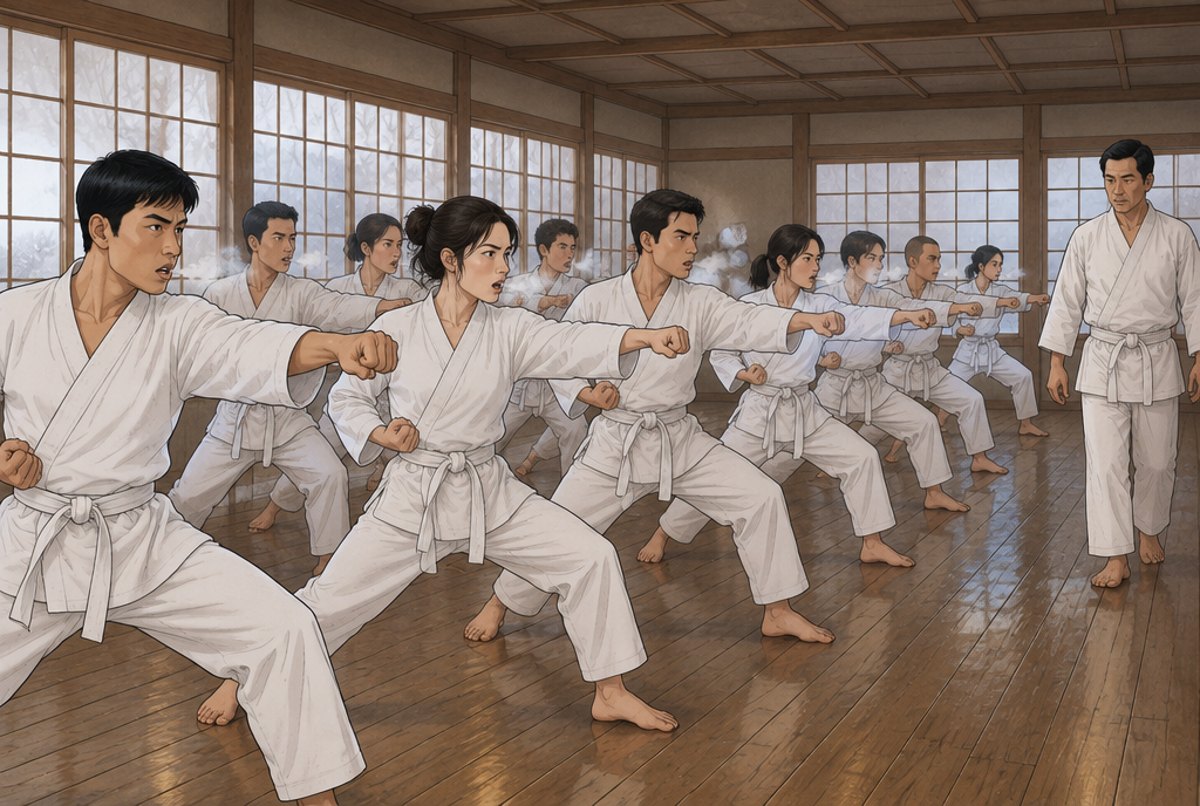 Rows of students in white punching together in a plain Seoul training hall in the 1940s.