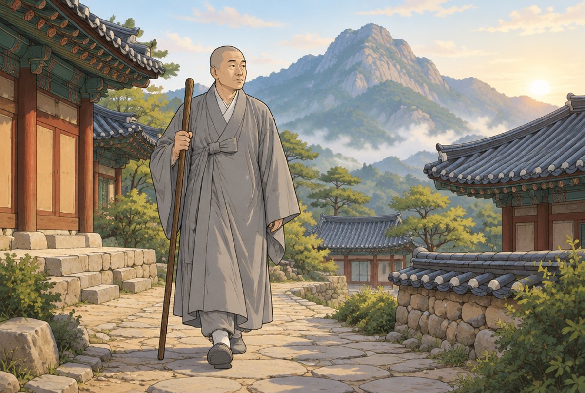 A monk in grey robes walking a stone path between temple buildings below a mountain.