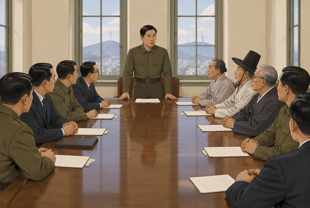 Men in suits, uniforms and traditional Korean dress around a long table while one stands to speak.