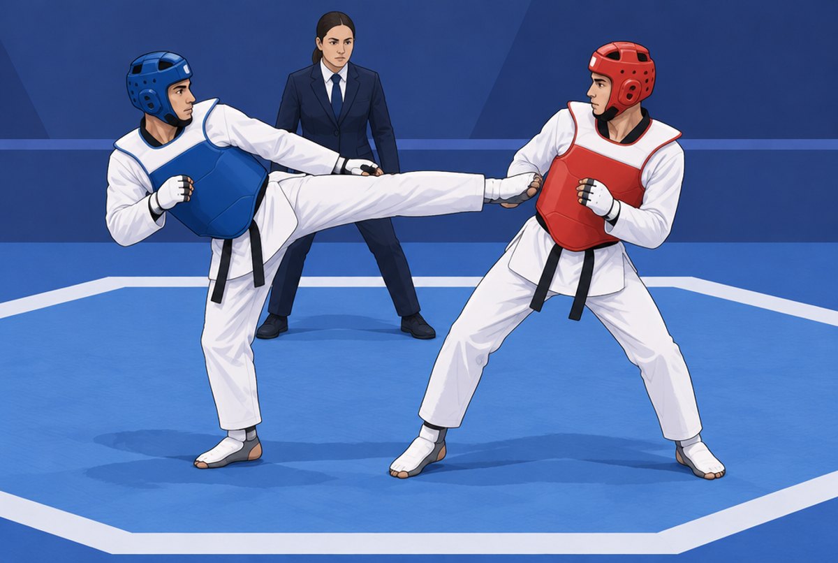 Two para taekwondo athletes in blue and red protectors sparring on an octagonal mat.