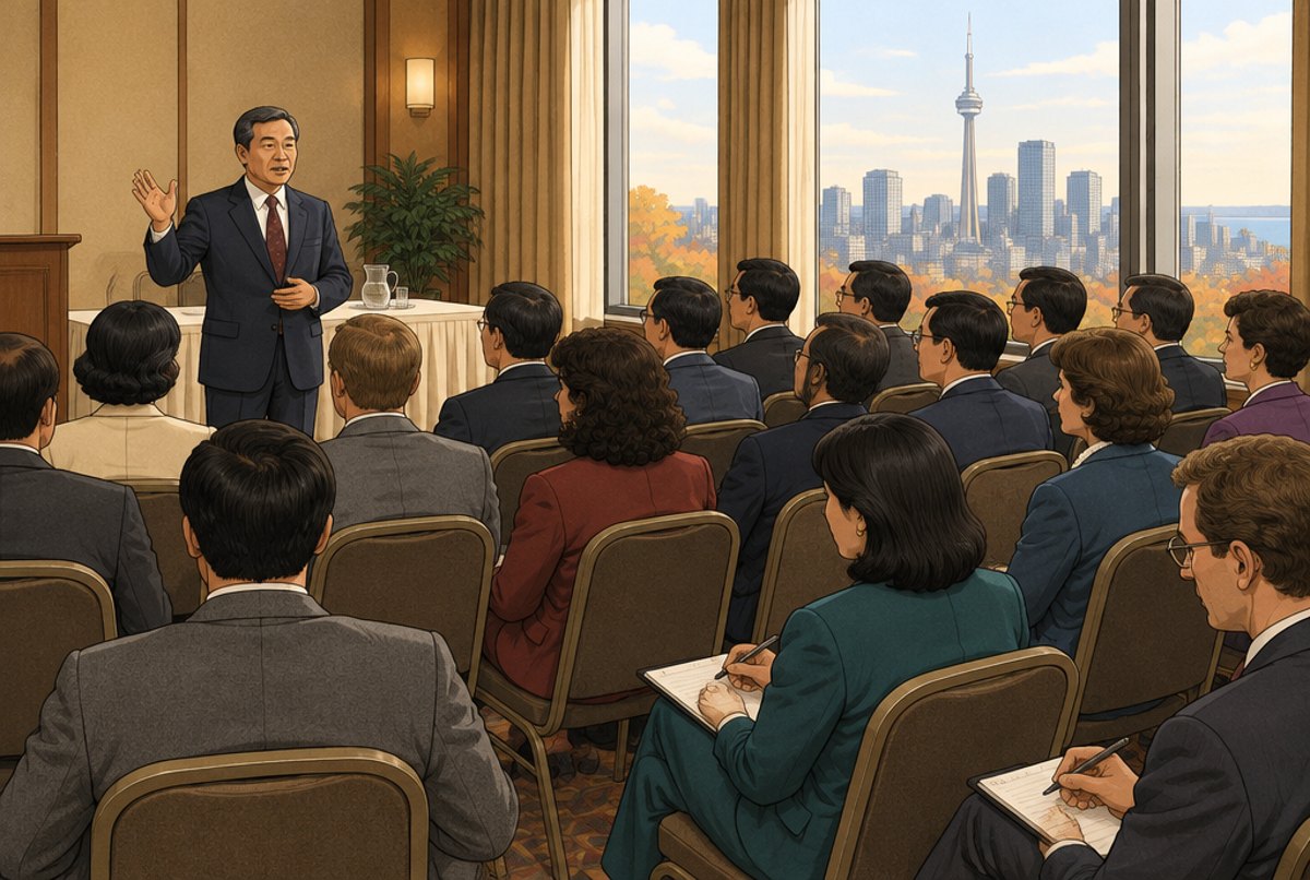 A man in a suit addressing seated delegates in a 1990 conference room.