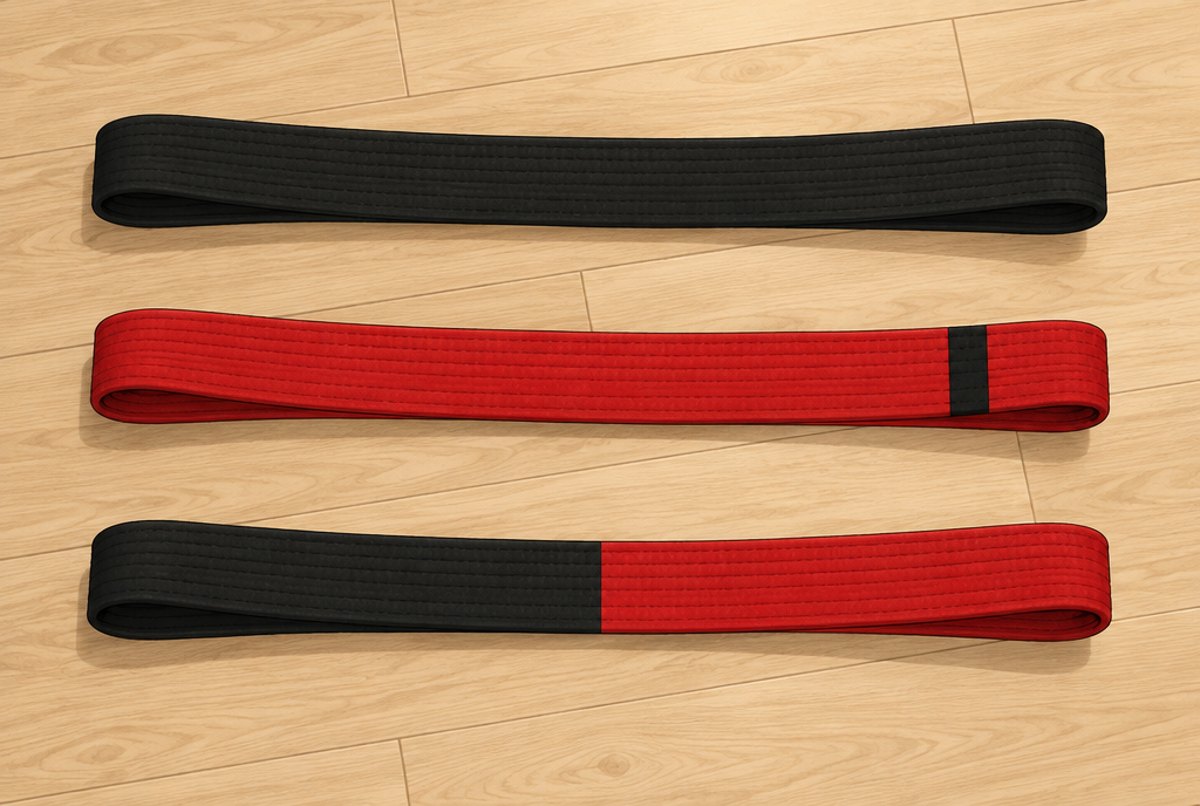 A black belt, a red belt with a black stripe and a half black, half red belt laid side by side.