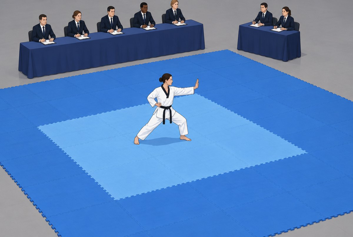 A competitor performing a poomsae on a square mat before a row of seated judges.