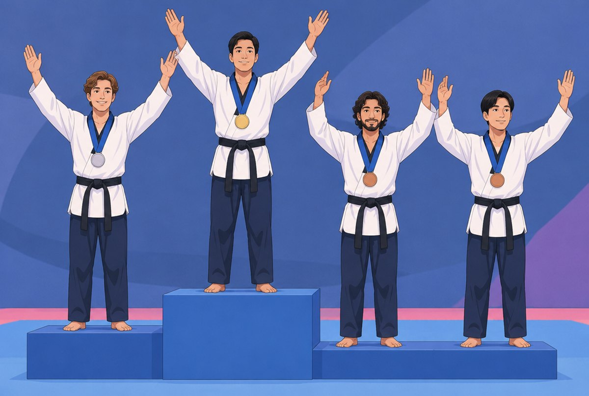 Four men in poomsae uniforms standing on a podium with medals round their necks.