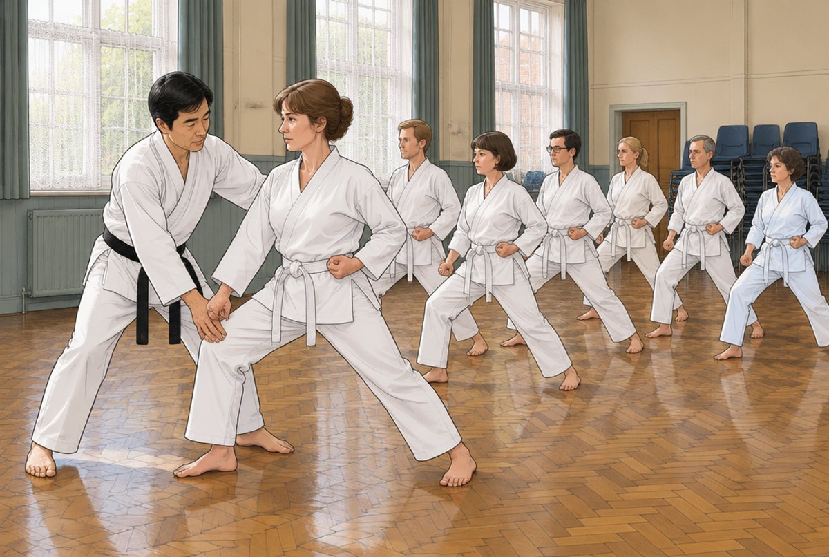 A Korean instructor correcting a beginner's stance in a 1960s British hall.