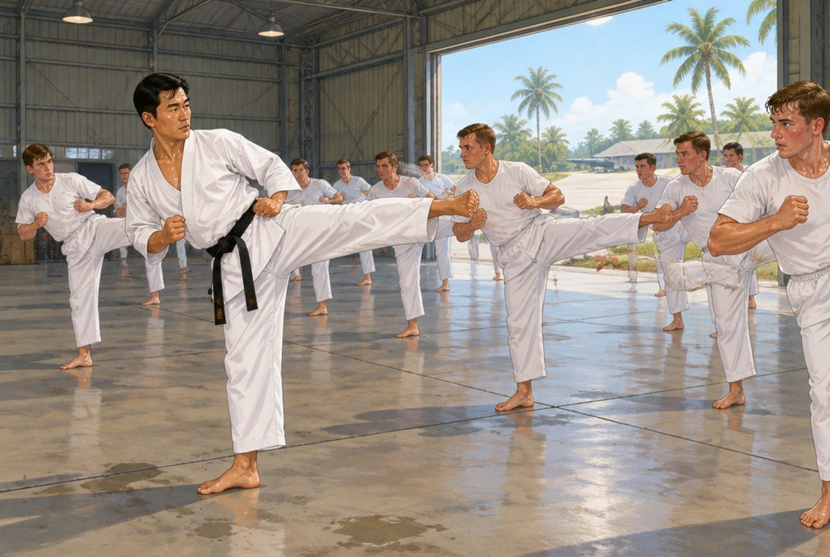 A Korean instructor demonstrating a side kick to rows of airmen in a bright hall.