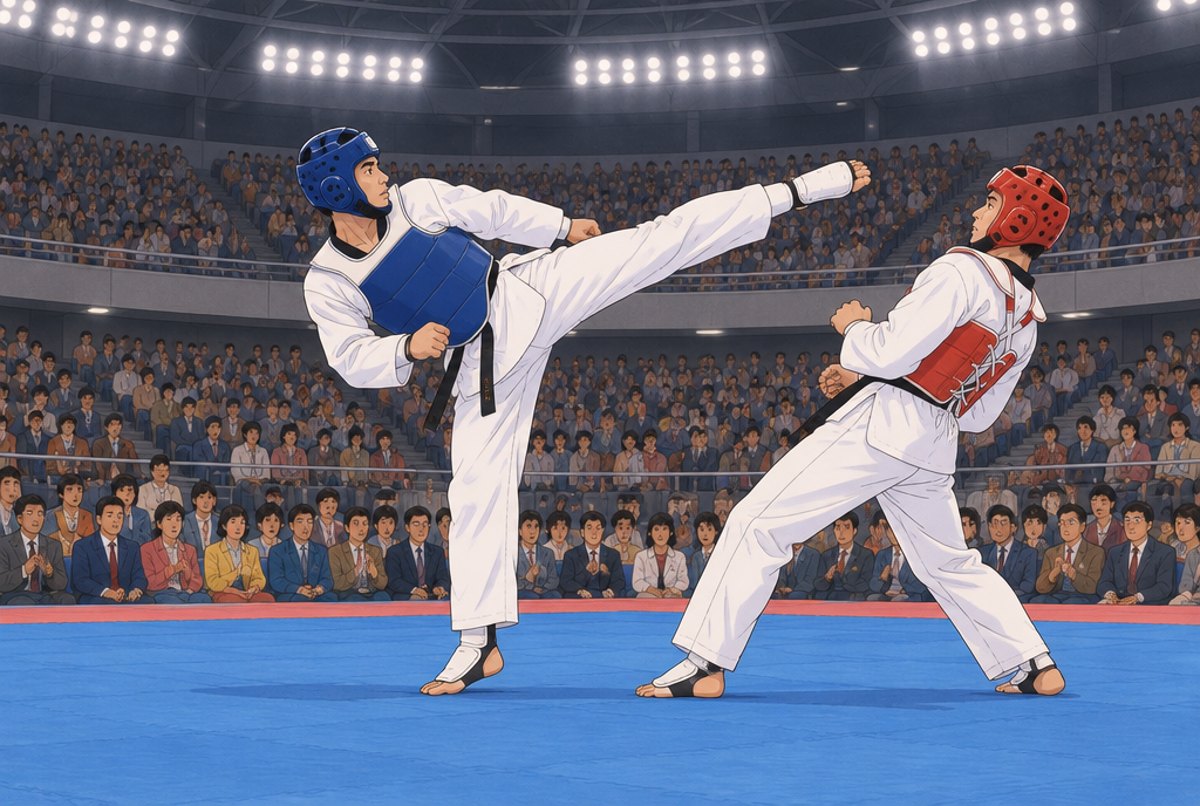 An athlete delivering a high turning kick in a bright, crowded arena.