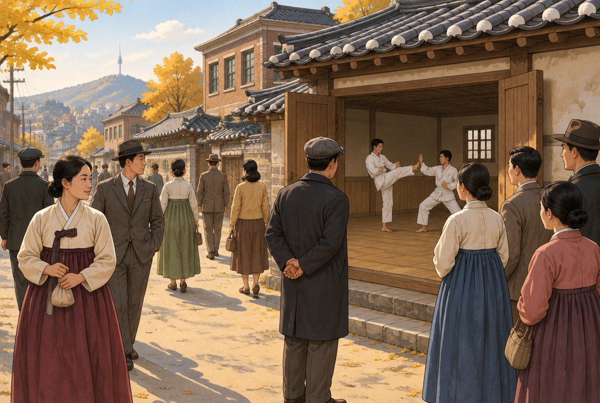 A Seoul street in 1945 with an open door onto a hall where two men practise kicks.