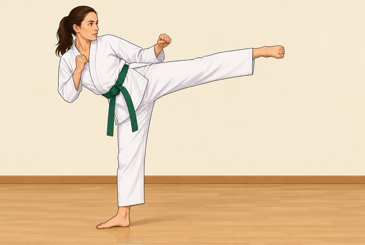 A student in a white uniform extending a side kick with the heel leading.