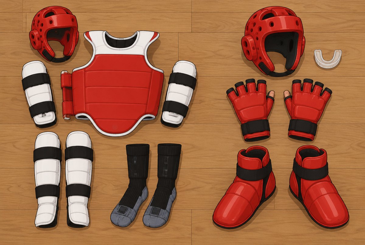 Two sets of sparring kit laid out: a trunk protector with guards, and gloves with foot protectors.