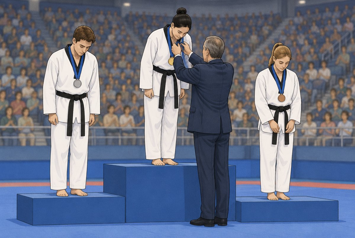 Three athletes in white uniforms on a podium receiving medals in an arena.