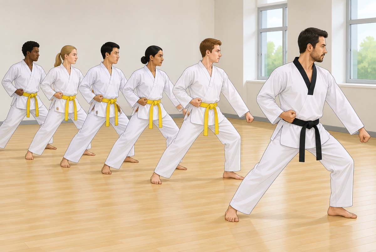 Five students in white uniforms performing a low block together in a bright hall.
