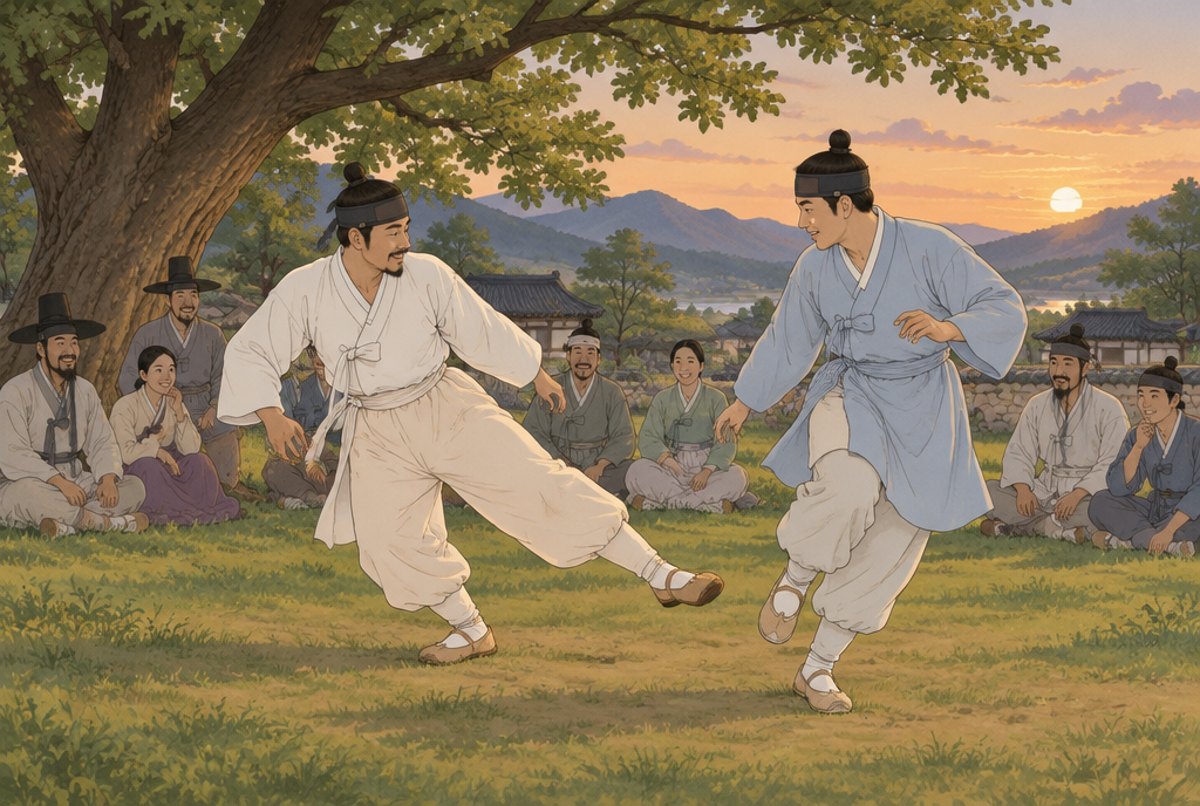 Two men in traditional Korean clothes playing a kicking game on a village green while villagers watch.
