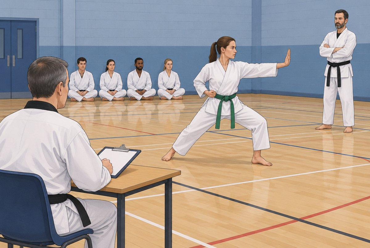 An examiner at a table watching a candidate perform a pattern in a sports hall.