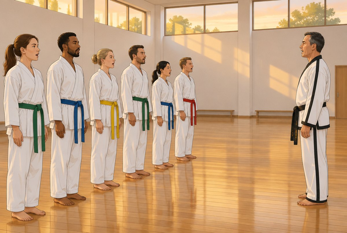 A line of students in white uniforms standing at attention and reciting together before their instructor.