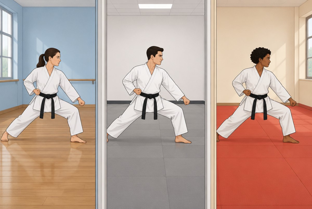 Three training halls side by side, with one black belt in each performing the same low block.