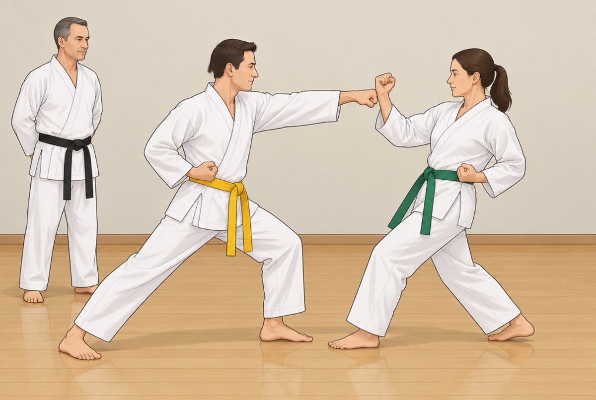 Two students practising a stepping punch and block together while an instructor watches.